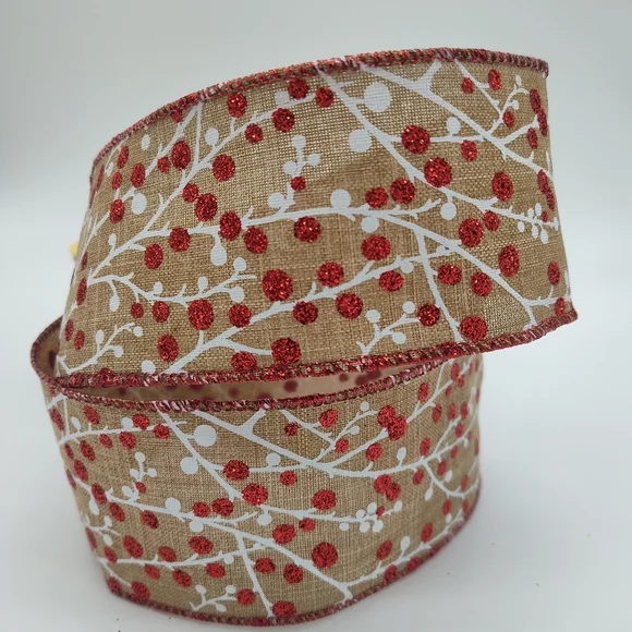RENAISSANCE 2000 Wired Burlap Ribbon 2.5” Red Glitter Berry Two (2) Yards - Picture 2 of 6